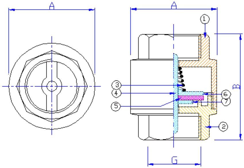Dimensiuni și principiu de funcționare a supapei de reținere a arcului de cuplare: 1 și 2 - carcasă; 3 - primăvară; 4 - tija de plastic; 5 - sigiliu; 6 - placă superioară; 7 - placă inferioară; A - 34,5-79 mm; B - 46-80,5 mm; G - 1 / 2-2"